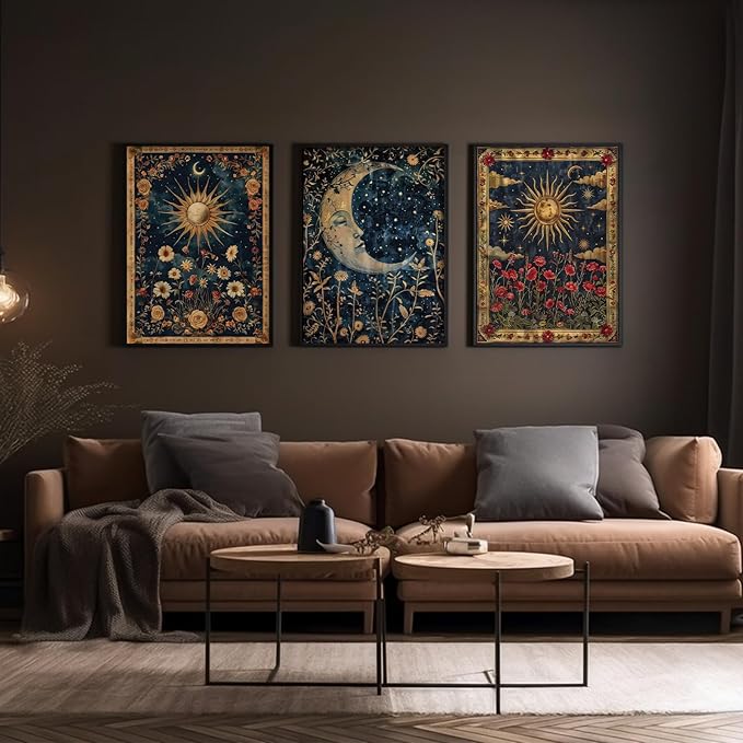 Tocliky Moon Sun Gothic Wall Art Tarot Card Celestial Canvas Poster Witchy Vintage Wall Decor Boho Floral Aesthetic Painting Dark Academia Mystical Astrology Posters for Bedroom 16x24x3 Inch Unframed