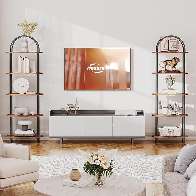 HOOBRO 5 Tier Open Bookshelf, Industrial Arched Bookcase Display Shelf Rack, Wooden Bookcase Storage Shelf Metal Frame, Tall Storage Organizer for Home, Easy Assembly, Rustic Brown BF176SJ01