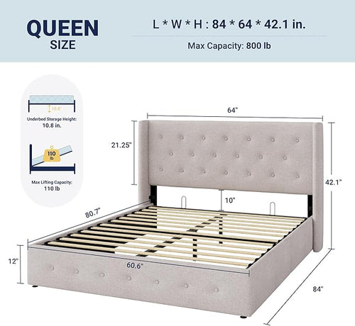 Allewie Queen Size Lift Up Storage Bed, Button Tufted Headboard with Wingback, Hydraulic Support, No Box Spring Needed, Light Beige