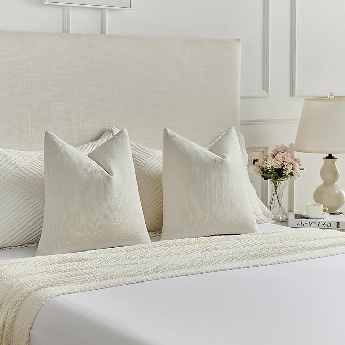 FUTEI Cream Chenille Decorative Throw Pillow Covers 12x20 Inch Set of 2,Soft Cozy Faux Linen Textured Lumbar Pillow Cases,Farmhouse Home Decor for Couch Living Room