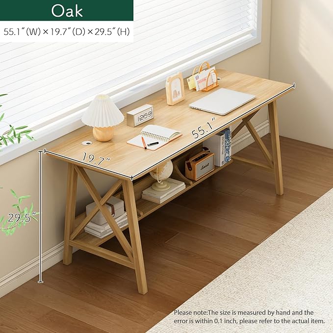 NELYE Extra Long Desk with Bookshelf - Wooden Home Office Work Study Table, Writing Computer Workstation with Storage Shelf in Oak, 55" Wx20 Dx30 H