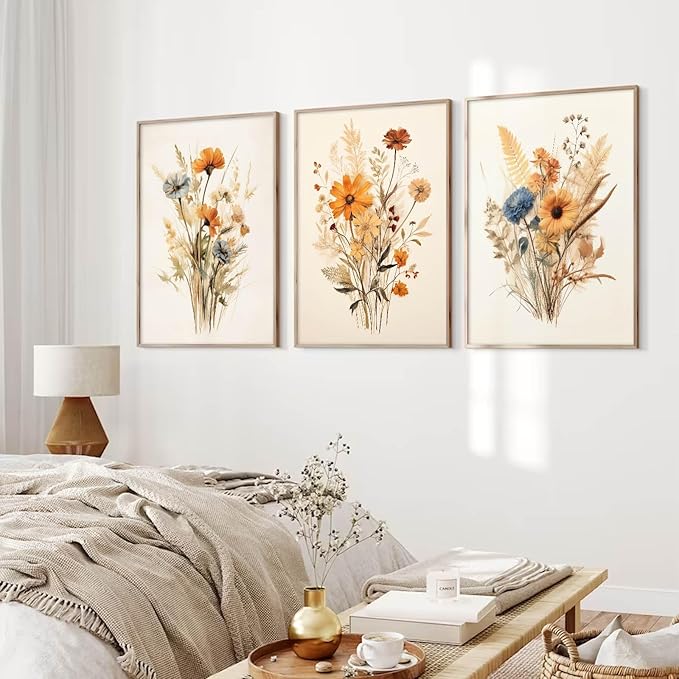 Botanical Floral Wall Art Set of 3 Vintage Wildflower Canvas Wall Decor Watercolor Rustic Farmhouse Wall Art Aesthetic Botanical Pictures Vintage Floral Prints for Room Bedroom 16x24 Inch Unframed
