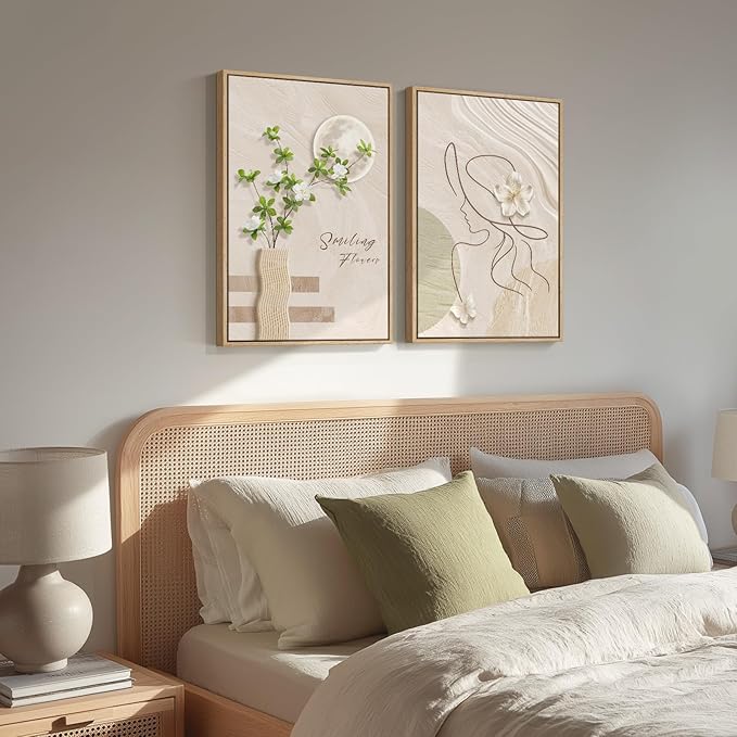 Framed Neutral Boho Wall Art for Bedroom, Set of 2 Beige Line Woman and Botanical Artwork for Living Room Walls, Mid Century Modern Bohemian Canvas Prints for Hallway Office Wall Decor, 20x30 Inch