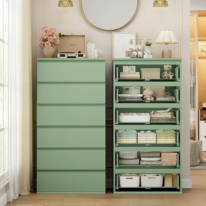 FOTOSOK Green Dresser, 6 Drawer Dresser, Modern Tall Floor Storage Cabinet with Metal Sliding Rail, Wooden Handleless Drawer Cabinet, 6-Layer Large Capacity Vertical Dressers for Home & Office