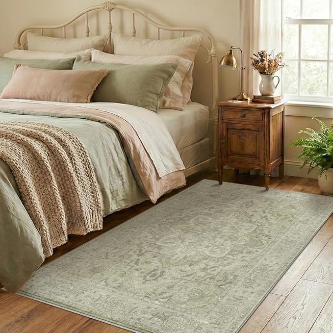 Homemate Washable Rug 4x6 Area Rugs - Vintage Faux Wool Rugs for Living Room Bedroom Dining Room - Non Slip Foldable Carpet Indoor Area Rug for Home Decor（4'x6', Green