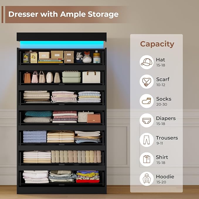 HAUOMS Tall 7 Drawer Dresser with LED Light, Black Modern Chest of Drawers for Bedroom,Closet Dressers with Drawers for Living Room, Entryway, Hallway
