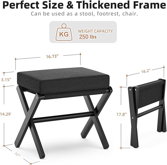 BAMBOOHOMIE Foldable Foot Stool Ottoman, Small Padded Foot Rest with Bamboo X-Legs, Portable Folding Leg Rest for Living Room Bedroom Office, Soft Foam Cushion Step Stool for Couch & Armchair (Black)