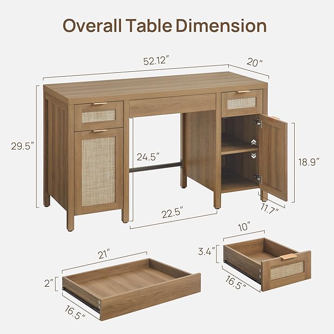 SICOTAS Home Office Desk with Storage - Rattan Executive Desk with Drawers and Cabinets, Farmhouse Large Computer Writing Table for Study, Office, Living Room, Oak (2 Pieces)