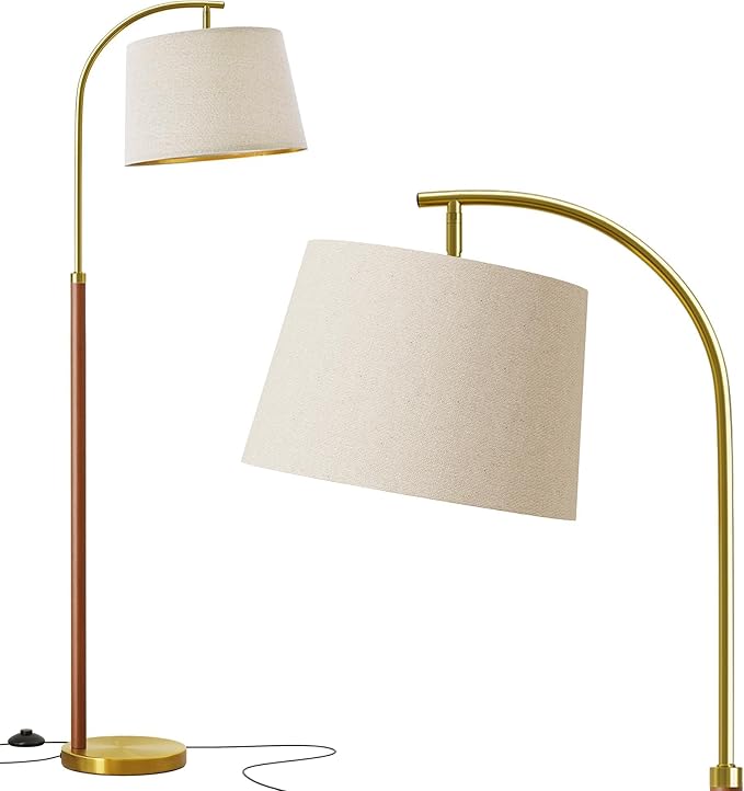 G-SAFAVA 62.5" Wood Floor Lamp for Living Room Gold with Foot Switch Arc Standing Tall Lamps for Bedroom Mid Century Modern Corner Floor Lamps for Office Nursery Industrial Reading Light Room Lamp
