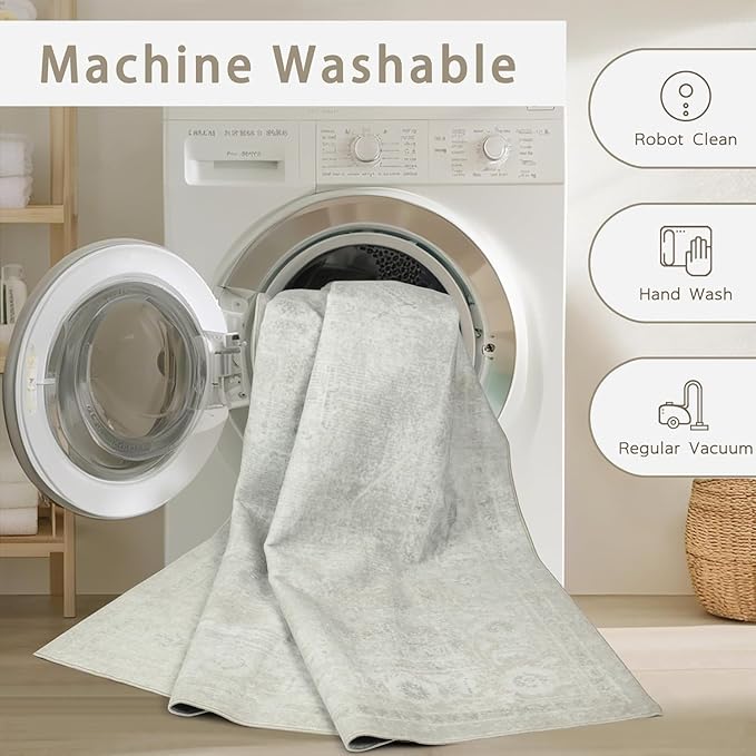 Srugn Washable Rugs 5x7 Area Rugs for Living Room,Bedroom,Large Carpets,Ultra Soft Faux Wool Retro Dining Room Rug,Non Slip&Non-Shedding Low Pile Vintage Rugs for Home Office,Concrete Grey
