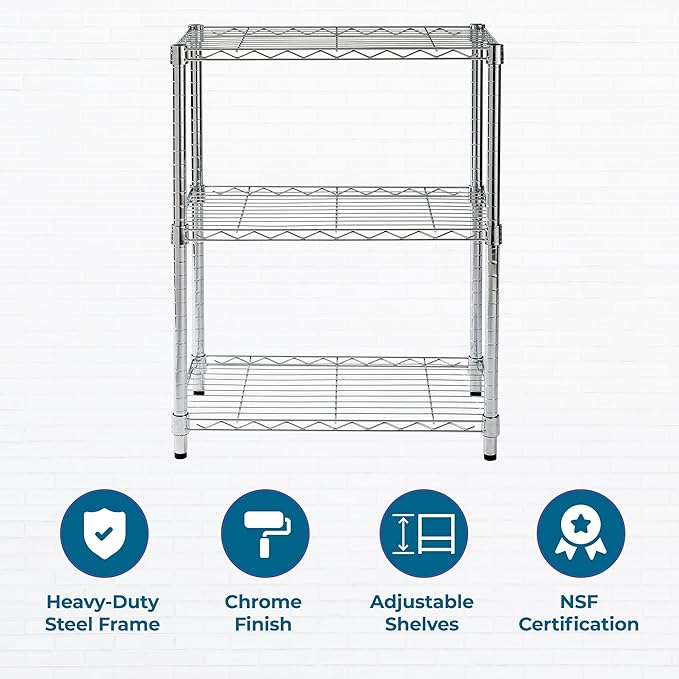 Honey-Can-Do 3-Tier Heavy-Duty Adjustable Shelves, Metal Storage Rack with 250-lb Shelf Capacity, Chrome, 14" W x 24" L x 30" H