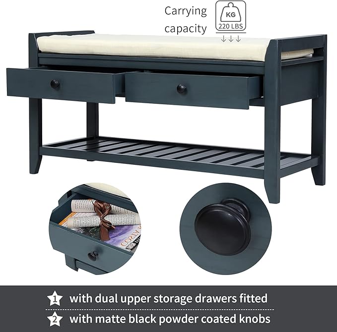 LUMISOL Shoe Storage Bench with Padded Cushion, Rustic Storage Bench with Woven Rattan Doors and Adjustable Shelves for Entryway, Hallway, Living Room, Grey Wash+Beige