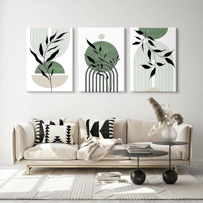 Mid Century Modern Wall Art Set of 3 Sage Green Canvas Wall Art Boho Prints Green Wall Decor Black Beige Abstract Wall Art Picture Mid Century Painting for Home Bedroom 12x16 Inch Wrapped Canvas