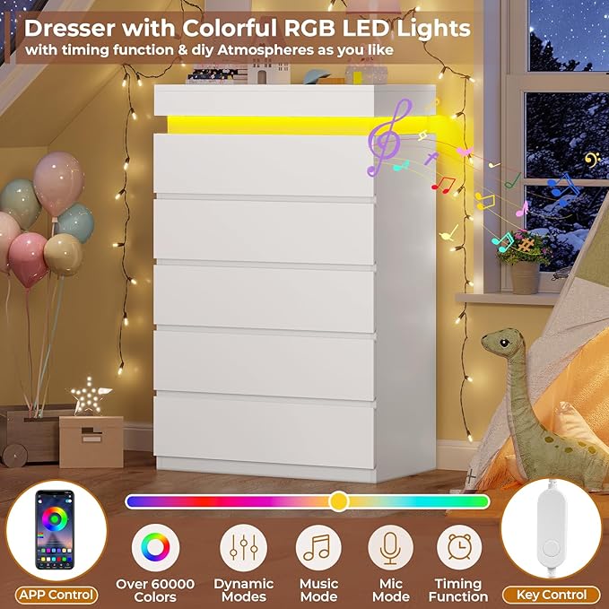 HAUOMS Tall 5 Drawer Dresser with LED Light, White Modern Chest of Drawers for Bedroom,Closet Dressers with Drawers for Living Room, Entryway, Hallway