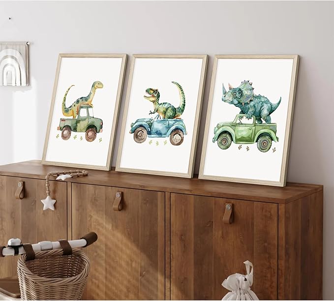 Dinosaur Nursery Wall Art Kids Canvas Poster Baby Boy Nursery Wall Decor Green Dino Pictures Toddler Prints Cartoon Dino Car Painting Boys Room Artwork for Bedroom Bathroom 12x16x3 Inch White Framed