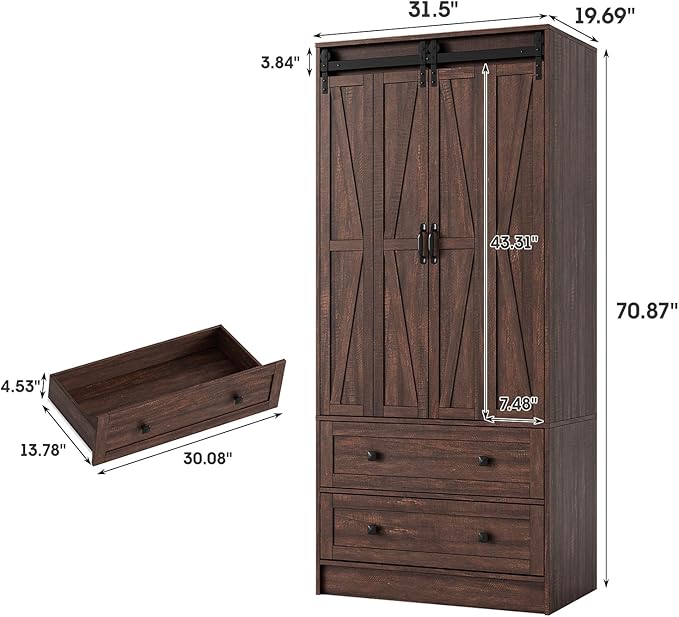 Maupvit Farmhouse Armoire with 2 Folding Sliding Barn Doors and Drawers 70.9" Tall Wooden Bedroom Wardrobe Closet with Spacious Storage Cabinet with Hanging Rod for Bedroom, Dark Brown