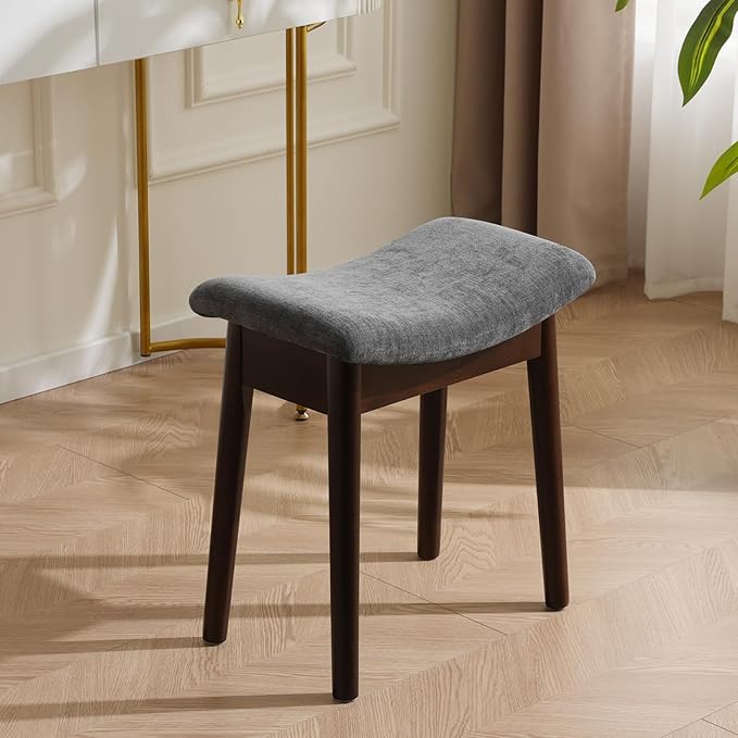 Square Linen Makeup Stool Small Ottoman Stool Chair for Vanity, Modern Padded Seat Foot Rest for Makeup Room, Bathroom (Classic-Gray)
