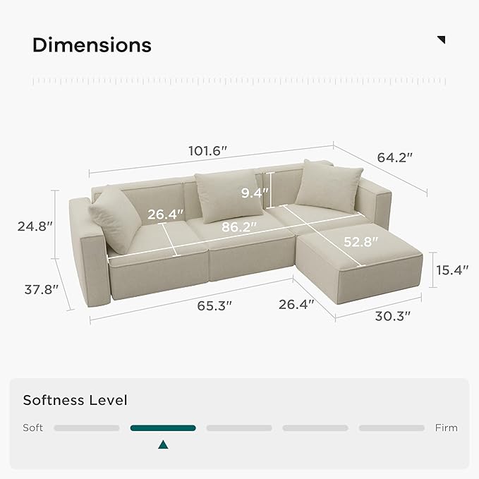 Acanva Luxury Modular Sectional Living Room Sofa Set, Modern Minimalist Style Couch with Ottoman and Chaise, L-Shape, Linen-Like Cream
