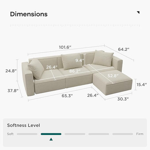 Acanva Luxury Modular Sectional Living Room Sofa Set, Modern Minimalist Style Couch with Ottoman and Chaise, L-Shape, Linen-Like Cream
