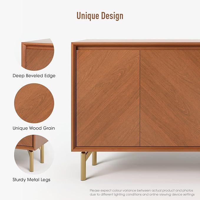 JOINICE Storage Cabinet, 59" Sideboard Buffet Cabinet with 4 Doors, Mid-Century Modern Wood Accent Cabinet, Chevron Pattern Credenza for Dining Room, Living Room, Entryway, Brown
