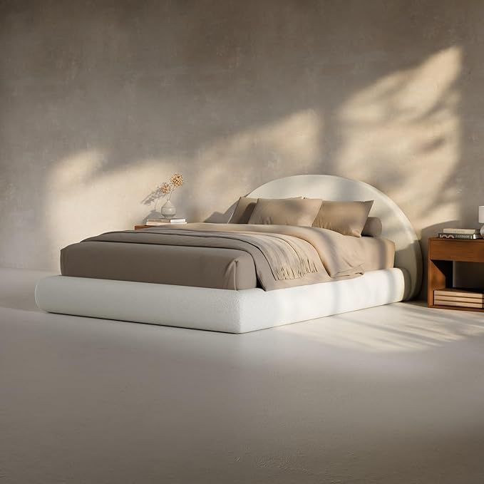 RECCI AirFrame Half-Moon Upholstered Queen Platform Bed Frame, Velvet Curved Arched Base with Headboard, 5 Inch Fully Round Cushioned Foam, No Box Spring Needed, Easy Assembly | Round Shaped, Boucle, Low-profile, Soft