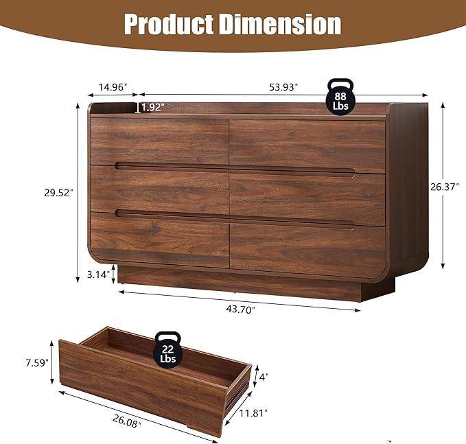 Curved 6 Drawer Dresser for Bedroom, Modern 53-Inch Chest of Drawers, Wood Storage Dresser Organizers with Hidden Handles, 6 Drawer Dressers for Bedroom, Nursery, Living Room, Walnut