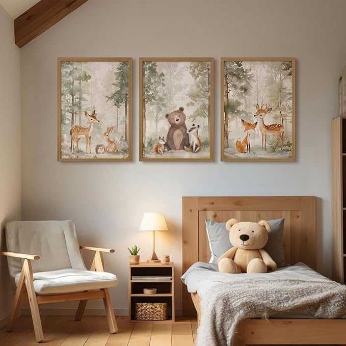 Woodland Nursery Wall Art Decor Animal Forest Canvas Prints Baby Boy Room Wall Decor Bear Nursery Nature Pictures Deer Prints Artwork for Boy Girl Kids Bedroom 16x24 Inch Wood Framed Set of 3