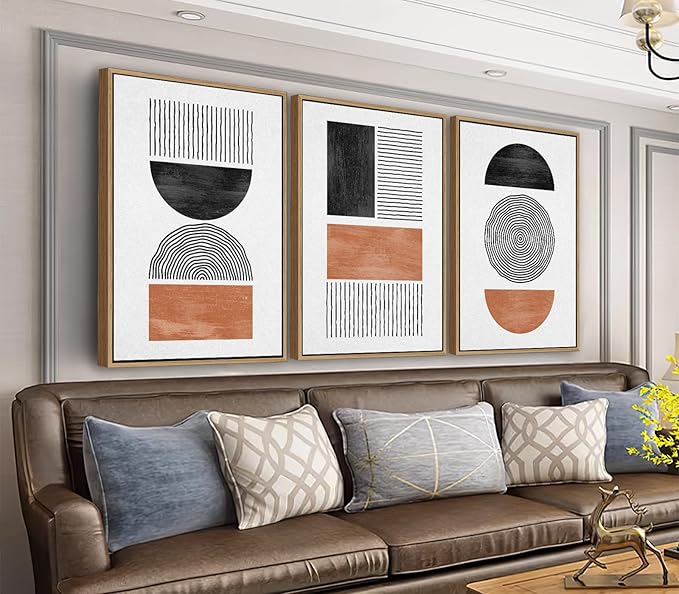 Framed Wall Art Canvas Set Mid Century Boho Pictures Modern Geometric Wall Decor Minimalist Black Brown Bohemian Abstract Painting Artwork for Living Room Bedroom Office 24"x36"x3 Natural