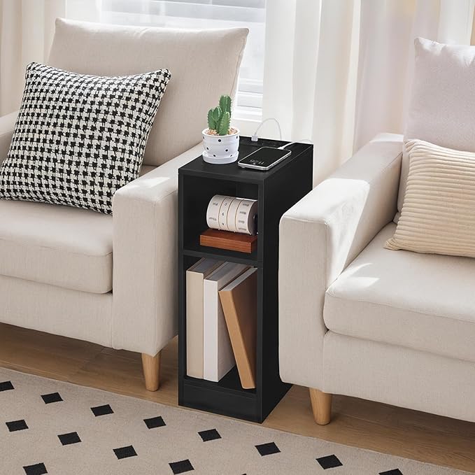 MAHANCRIS Narrow Nightstand with LED Light, Narrow End Table with Charging Station, Skinny Bedside Table for Small Spaces, Mid Century Modern Night Stand for Bedroom, Living Room, Black ETBK30E01