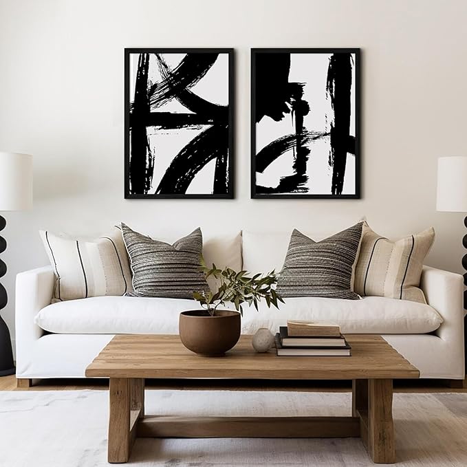 Black and White Wall Art Abstract Modern Painting Minimalist Line Canvas Wall Art Decor Black And White Poster Abstract Artwork Prints for Living Room Bedroom 12x16 Inch Wood Framed Set of 2