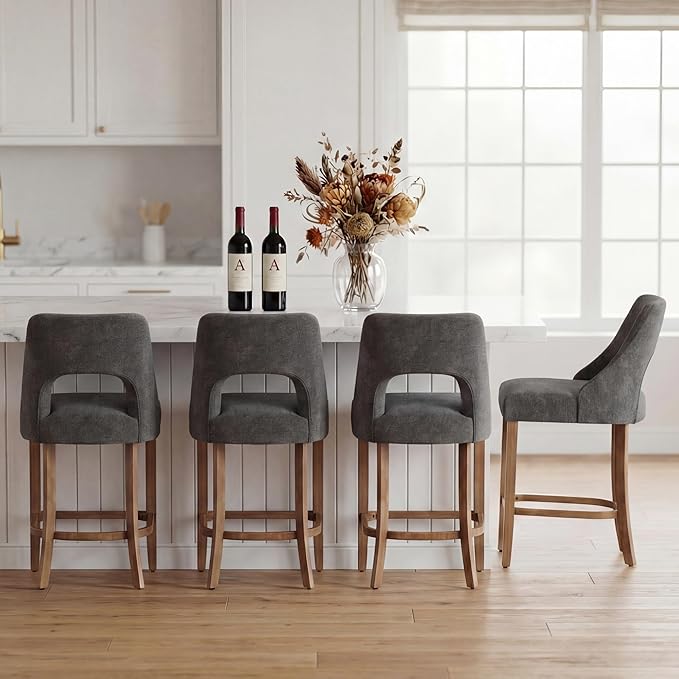 UVV Bar Stools Set of 4, Upholstered Counter Height Bar Stools, Modern Counter Stools with Wood Legs for Kitchen Island Dining Room Bar, Dark Grey