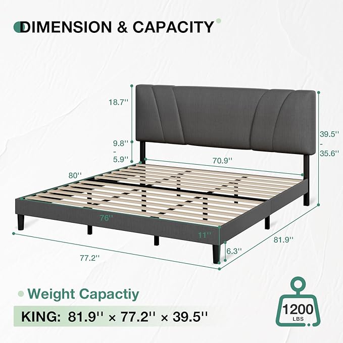 Novilla King Bed Frame and Headboard, Linen Upholstered King Size Bed Frame with Wood Slats Support, No Box Spring Needed, Heavy Duty Feet, Easy Assembly, Grey
