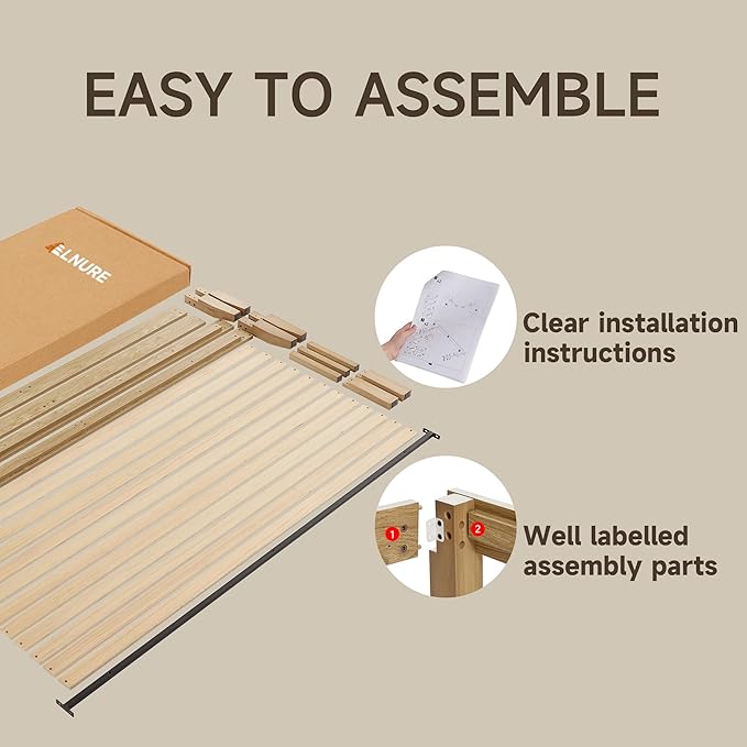 King Bed Frame Wood Platform Bed with Wooden Slats Support 8.5-inch Underbed Space for Storage No Box Spring Needed - Noise-Free Design-Easy Assembly - Minimalist Style