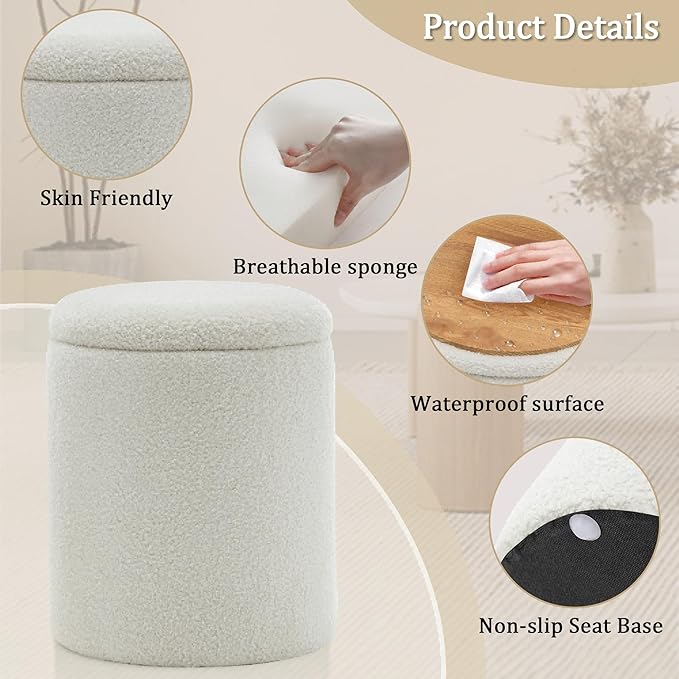 YSICK Round Ottoman with Storage, Set of 2, Small Vanity Stool as Vanity Chair, Sherpa Ottoman Foot Rest for Small Space, Living Room, Bedroom, White