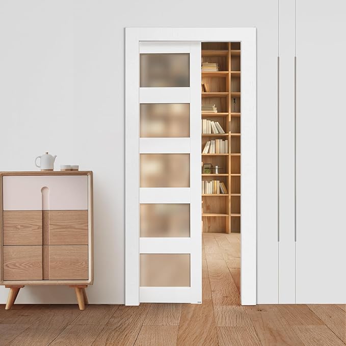 VEVOR Sliding Pocket Door, 36" x 80", 5-Lite Frosted Glass with Hardware Kit, Sturdy Solid Wood & MDF Pocket Doors Slab with Waterproof Surface, Pre-Drilled Doors Panel, Need to Assemble