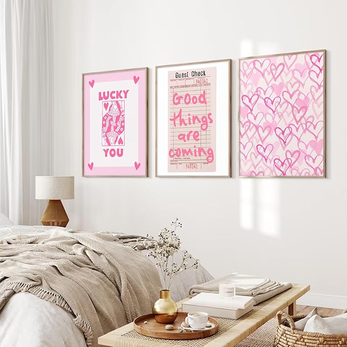 Youillne Lucky You Pink Wall Art Guest Check Preppy Wall Decor Trendy Aesthetic Canvas Wall Art Funky Poster Cute Picture Prints Inspirational Artwork for Room Bedroom 12x16 Inch Unframed Set of 3