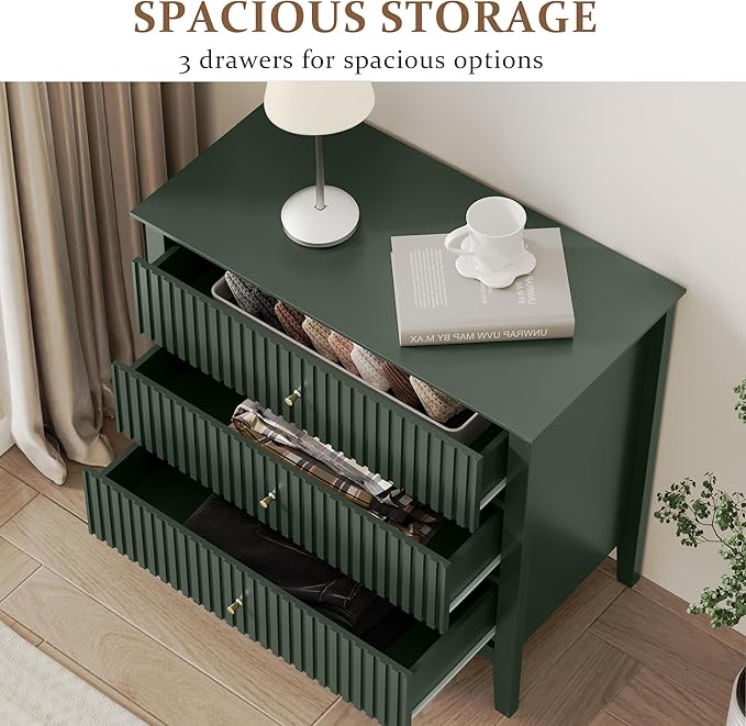 RoyalCraft Fluted 3 Drawer Dresser, 32 inch Wide Dresser Nightstand for Bedroom, Modern Wood Chest of Drawers, Large Painted Nightstand with 3 Drawers for Closet, Hallway, Entryway, Dark Green