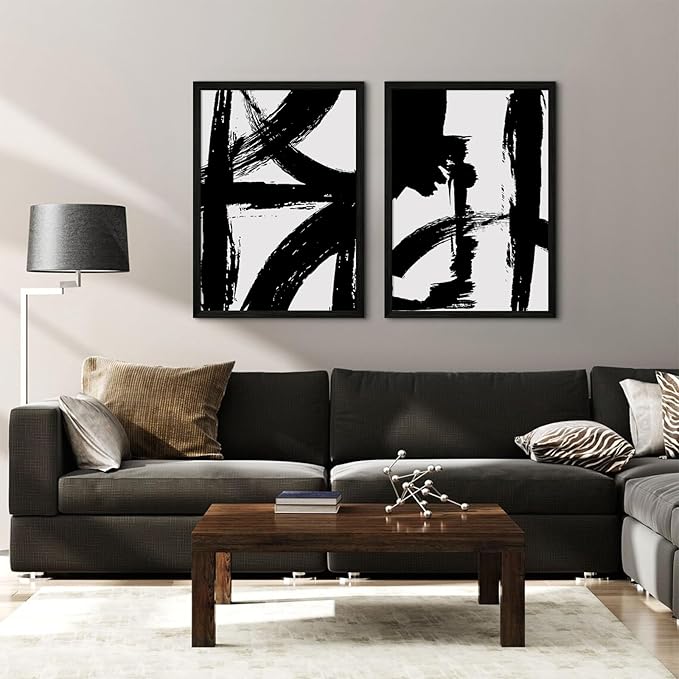 Black and White Wall Art Abstract Modern Painting Minimalist Line Canvas Wall Art Decor Black And White Poster Abstract Artwork Prints for Living Room Bedroom 12x16 Inch Wood Framed Set of 2
