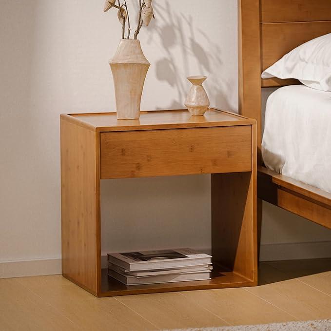RECCI Solid Bamboo Nightstand, Sustainable Curved Classic Mid-Century Modern Wood Bedside Table with Soft-Close Drawer, Handle-Free Design, Open Shelf Storage, No Assembly Required (Walnut)