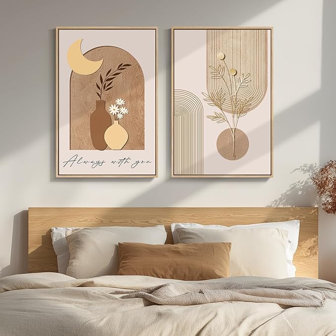 Framed Neutral Boho Wall Art for Bedroom, Set of 2 Modern Elegant Moon Canvas Prints, Mid Century Modern Minimalist Artwork for Living Room Hallway Office Kitchen Office Aesthetic Wall Decor, 20x30 In