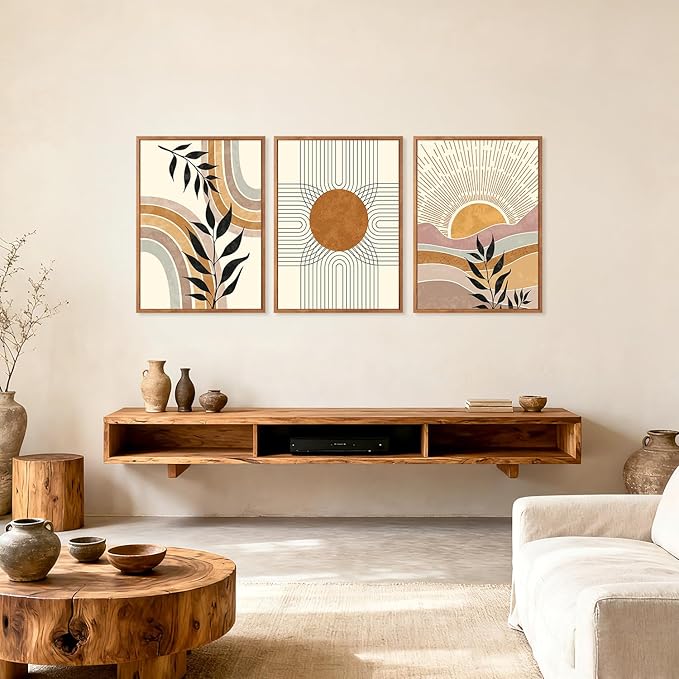 HPINUB Boho Framed Canvas Wall Art Prints, (Set of 3,12X16 Inch) Mid Century Modern Wall Decor, Nature Plants Desert Sun Art Paintings, Bohemian Artwork for Living Room, Bedroom, Dining Room, Office