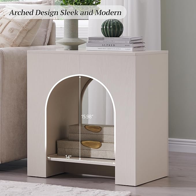 Arched End Table Set of 2 with Type-C Charging Station, 22" Modern Bedroom NightStand with Arched Shelf, Side Table with Outlet, USB, Type-C Port for Bedroom, Cream