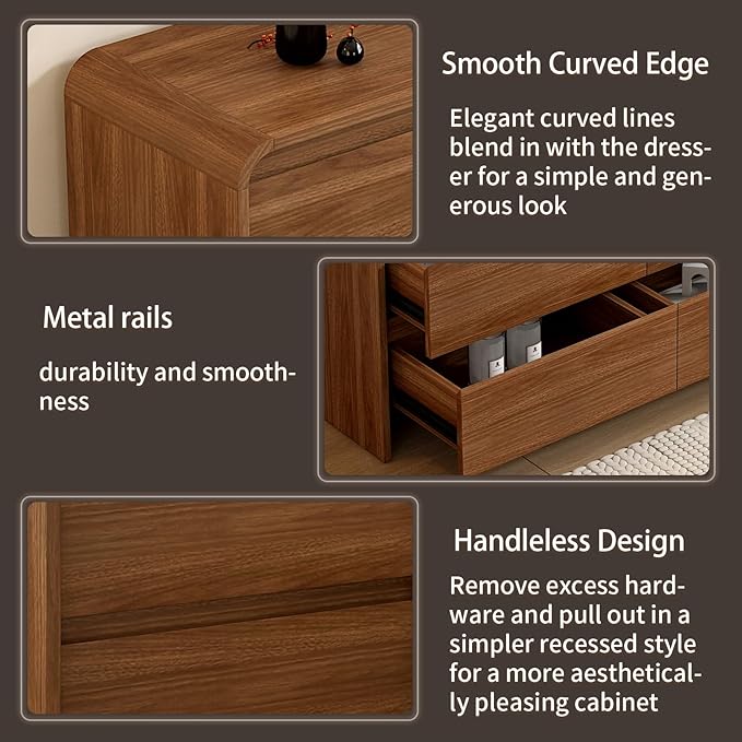Messenya Modern 6 Drawer Dresser, 55-Inch Wood Chest of Drawers, Curved Anti-Collision Design, Mid-Century Storage Cabinet, Pre-Embedded Slots, Natural Texture, for Bedroom, TV Stand (W-55IN)