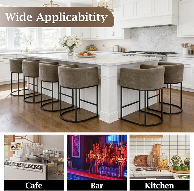ClinQ 26" H Counter Height Bar Stools Set of 2, Modern Barrel Counter Stools with Backrest and Arms, Black Metal Frames, Chenille Fabric Upholstered Accent Barstools for Kitchen Island, Brown