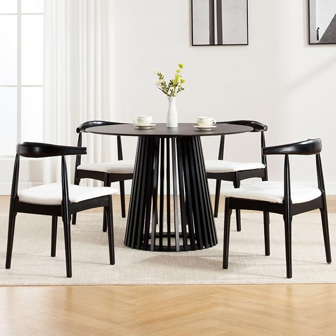 ROCITY Black Dining Chairs Set of 4 Wood Kitchen Chairs with Linen Fabric Cushion and Barrel Backs Mid Century Modern Dining Room Chairs