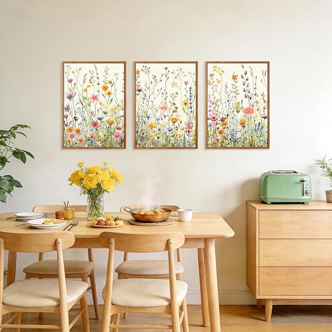 HPINUB Colorful Flower Framed Canvas Wall Art Set, (Set of 3,12X16 Inch)Watercolor Daisy Floral Wall Decor, Wildflower Green Leaf Wall Painting, Multicolour Botanical Art Print for Living Room,Office