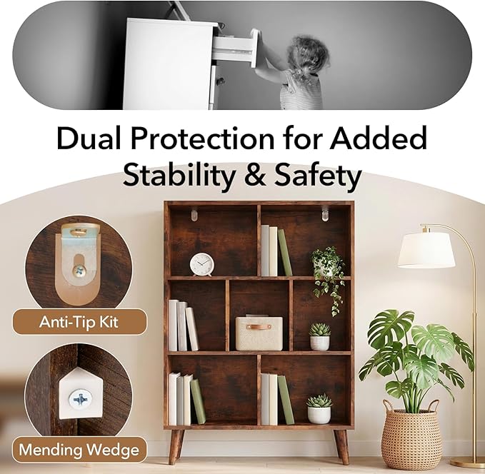 DUMOS Bookshelf, 7 Cube Book Shelf with Legs, 3-Tier Modern Wooden Bookcase, Free Standing Cube Shelf for Living Room, Bedroom, Office, Retro Brown