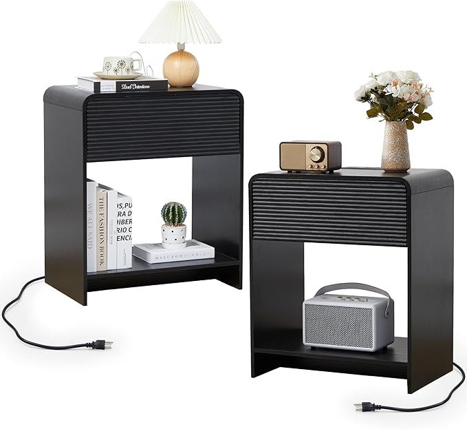 XUZENEST Fluted Nightstand Set of 2 with Charging Station, Modern Bed Side Table End Table with Drawer Storage, Large Wooden Night Stands Bedside for Bedroom Living Room Sofa Office, Black 2 Sets