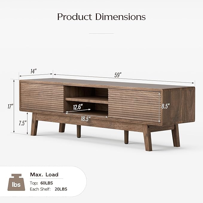 TOLEAD 59" Mid Century Modern TV Stand for TVs up to 65 Inch, Low Profile Entertainment Center with Fluted Sliding Doors & Storage, Wood TV Console Table for Living Room, Walnut