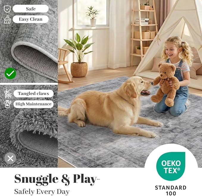 Homemate Washable Rug 9x12 Area Rugs - Vintage Faux Wool Rugs for Living Room Bedroom Dining Room - Non Slip Foldable Carpet Indoor Area Rug for Home Decor（9'x12', Black
